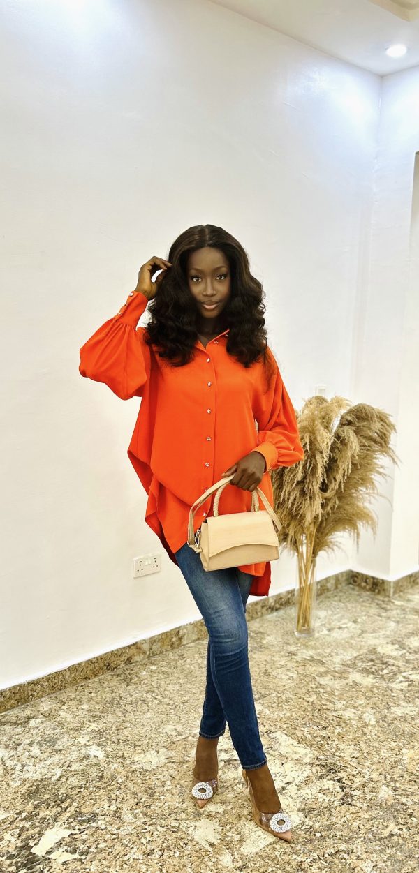 Stylish Orange Shirt Dress - Long sleeve button-down shirt for women, a versatile and comfortable fashion choice.