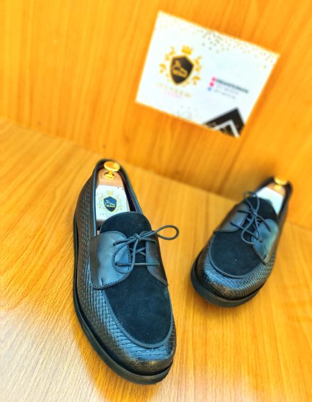 Stylish Black Mixed Leather Laced Loafers - The perfect blend of fashion and comfort for a sophisticated look.