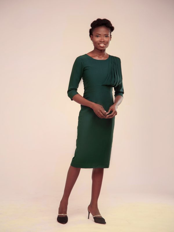 Enhance your professional attire with our olive-hued corporate dress, showcasing graceful shoulder-to-chest pleating. Discover elegance now!