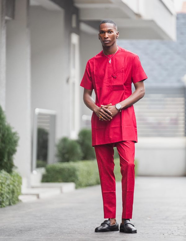 Elevate your style with our modern take on this red traditional male kaftan & trousers combo. Timeless elegance for the contemporary gentleman.