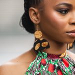Elegant African-inspired designer earrings in stunning black and brown print. The perfect accessory to elevate your style.